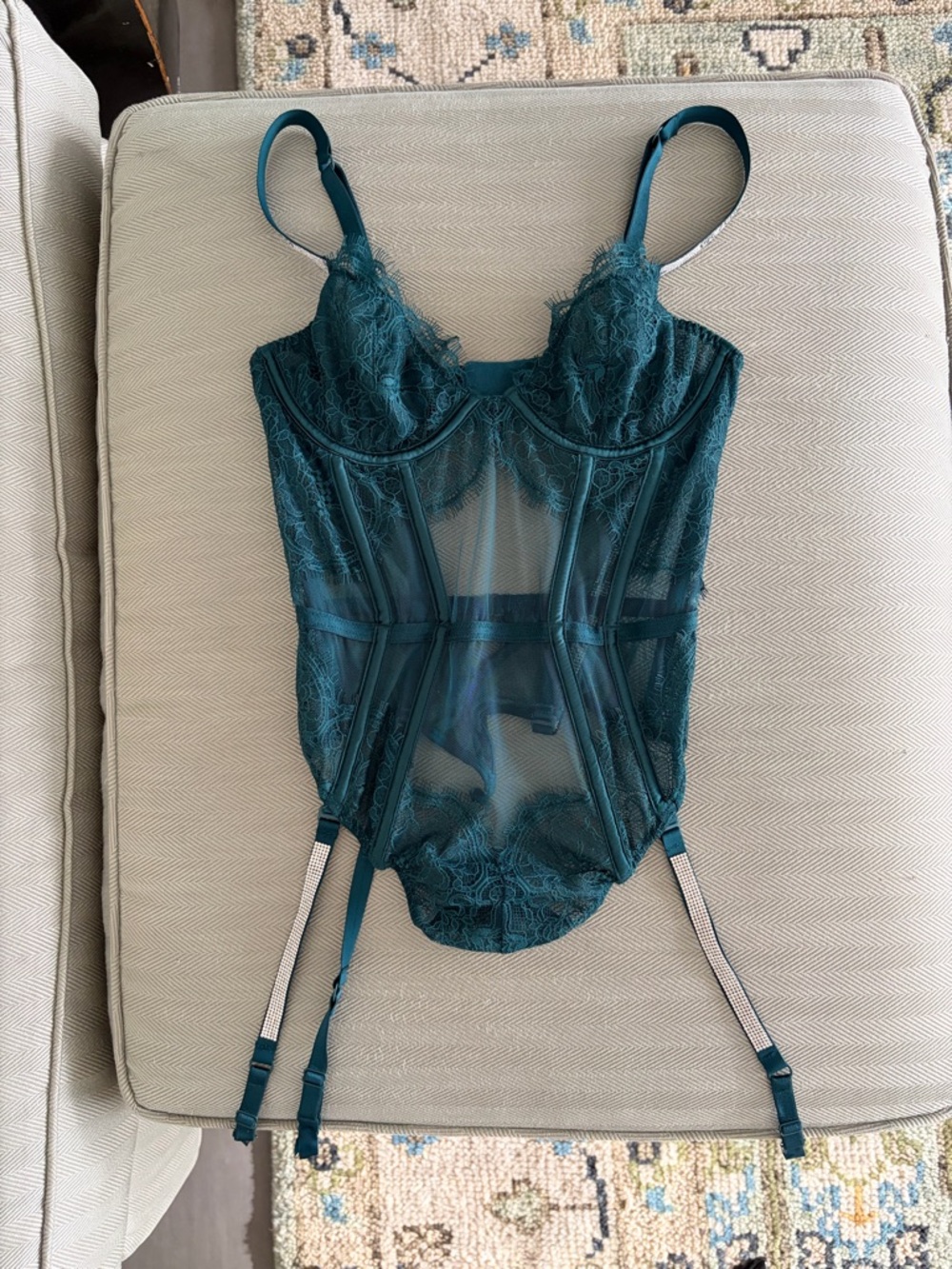 Victoria's Secret Teal Lace and Mesh Bodysuit with Garter Straps